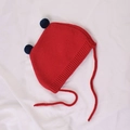 Red knit baby hat with navy pompoms and earflaps, cozy winter newborn beanie with ties - 40-46cm (3-12 Months) / Red