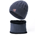 Grey-blue winter beanie and neck warmer set with thick fleece lining and maple leaf logo - Hat + Neck Warmer Set / Navy Blue