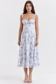 Detailed shot of blue floral summer dress with camisole straps and cinched waistline - S / Tops / White with Blue Flowers