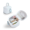 White woven vanity bag with silver heart charm shown in closed and open views - Barrel Bag / White