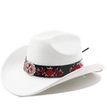 Chapeau de cowboy en daim blanc avec bande en cuir brodée et boucle en métal rétro de luxe - M(56-58cm) / Blanc pur