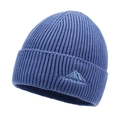 Navy blue ribbed knit beanie with light blue mountain embroidery for winter warmth - One Size / Light Blue