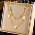 Double-layer gold flower necklace featuring a chunky Cuban chain and clover pendants - Double Layer Clover Flower Style (N2718)