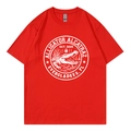 Red Alligator Alcatraz graphic cotton T-shirt featuring a white crocodile print design - Red 317
