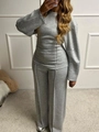Women casual grey knit loungewear set featuring long sleeve top and wide leg trousers - S / Gray