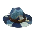 Western denim patchwork cowboy hat with golden bull head ornament and metal rivets - One Size / Royal Blue (Denim Gold Bull)