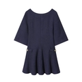 Dark blue tweed dress with half sleeves, gold buttons, and textured woven fabric flat lay - XS / Navy Blue