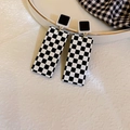 Double-layered C-shaped earrings with black and white checkerboard pattern studs - Black and White Checkered Rectangular Drop Earrings