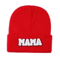 Detailed knit texture of red beanie featuring white MAMA towel embroidery patch - Red
