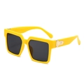Square oversized sunglasses with vibrant yellow frames and golden M-shaped metal temple detail - Yellow Frame Grey Lens