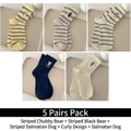Set of 5 cotton crew socks featuring cute dog embroidery and stylish striped patterns - 5 Pairs - Striped Fat Bear + Striped Black Bear + Striped Dalmatian + Poodle + Dalmatian