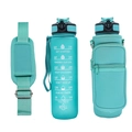 Detail view of teal sports water bottle with motivational scale and SBR protective sleeve - Emerald Green