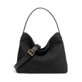 Handwoven black leather tote bag with adjustable shoulder strap and gold hardware accents - Black (Extended Handle)