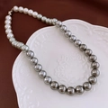 French retro oval pearl necklace with elegant white to grey gradient beads - 15# Necklace-Grey-Gradient 10mm