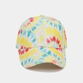 Detailed front view of a vibrant rainbow tie-dye baseball cap for summer beach wear - Yellow, Red & Lake Blue Tie-Dye (Color #9)
