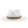 White straw fedora hat with brown leather band for summer outdoor beach sun protection - White / 56-58cm