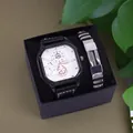 Men's square quartz watch with black leather strap and matching bracelet in gift box - 1020 Square White Dial Watch + Bracelet + Box