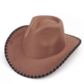 Détail d'un chapeau de cowboy marron en feutre avec surpiqûres noires sur le large bord - M(56-58cm) / Café
