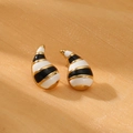 Minimalist gold teardrop earrings with elegant striped enamel finish on golden fabric - Tricolor Striped (Gold White Black) (NMSE-D721-2)