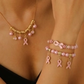 Pink ribbon pearl jewelry set with necklace and bracelets featuring Hope engraving - Pink Ribbon 3-Piece Set (1 Necklace+2 Bracelets)