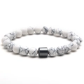Elastic beaded bracelet with white marble stones and a grey metallic cylinder bead - White Turquoise