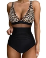 Two-piece swimsuit featuring leopard print top with V-neck and high waisted black bottoms - Leopard Print