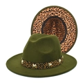 Detail of dark green wool fedora with leopard print band and golden star studs - M (56-58cm) / Army Green