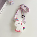 Close-up of unicorn silicone crossbody bag with colorful rainbow pattern strap - White
