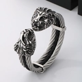 Men's silver steel lion head bangle featuring twisted wire and black leather inlay - Steel Color (KB167194-KFC)