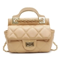 Quilted beige mini handbag with gold metal handle and chain strap on white background - Yellow