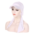 Detail view of the white turban cap with brim and long tail made of elastic fabric - White