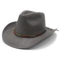 Dark grey woven cowboy hat with brown studded belt and vintage metal emblem for outdoor travel - M (56-58cm) / Black and Gray
