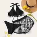 Three-piece striped swimwear set with halter top and boy-leg shorts for beach activities - S / Black