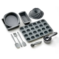 18-piece gray silicone baking set with rectangular pans and kitchen tools on white background - 18-Piece Set