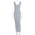 Close-up of the U-neck and ribbed knit texture of a slim-fit gray blue maxi dress - S / Gray