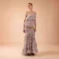 Light pink polka dot tiered ruffle maxi dress featuring a colorful gemstone waist belt - S / Jewel Belt Slip Style / Light Pink Polka Dot