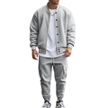 Detail of grey men's sports set with stand collar jacket and drawstring cargo pants - S / Top And Bottom / Light Gray