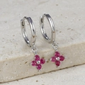 Detailed macro view of S925 sterling silver four-leaf flower earrings with purple gems - Silver-Rose Red Rhinestone