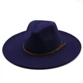 Deep purple fedora hat with wide brim and brown leather belt buckle accessory - Navy Blue