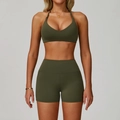 Olive green backless yoga set featuring halter sports bra and high-waisted gym shorts - S / Bra Style 2 + Shorts / Vine Green