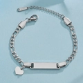 Detail of silver Figaro chain bracelet with heart charm and rectangular bar pendant - Silver Heart
