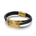 Double-strand black braided leather bracelet with curved gold stainless steel tubes - 21cm / Gold