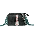 Bohemian black PU leather crossbody bag with turquoise fringe and floral embossing - Black