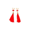 Festive red tassel earrings featuring a gold reindeer enamel pendant on white background - 49. Deer Head Tassel Earrings
