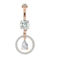 Rose gold stainless steel belly ring with zircon stud and pear-shaped drop pendant - Style 6