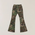Macro detail of high-waisted camo flare jeans with woodland pattern and metal button - XS / Land Camo