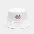 Close-up of sun and moon embroidery on white cotton canvas fisherman bucket hat - One Size / White