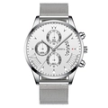 Silver Geneva men's watch with stainless steel mesh band and multi-dial chronograph display - White Dial Silver Hands Silver Strap