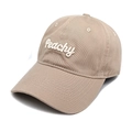 Close-up of Peachy 3D embroidery on beige cotton twill baseball cap with curved brim - M(56-58cm) / Khaki