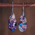 Detail of teardrop earrings with colorful natural stone texture on rustic wood - Purple Blue Pink Stone Patchwork Style (ER1025-26)